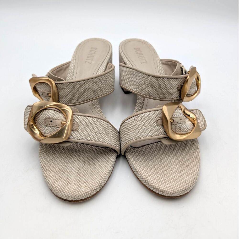 Schutz Olga Sandal Oyster Block Heel Raffia - Picture 5 of 14
